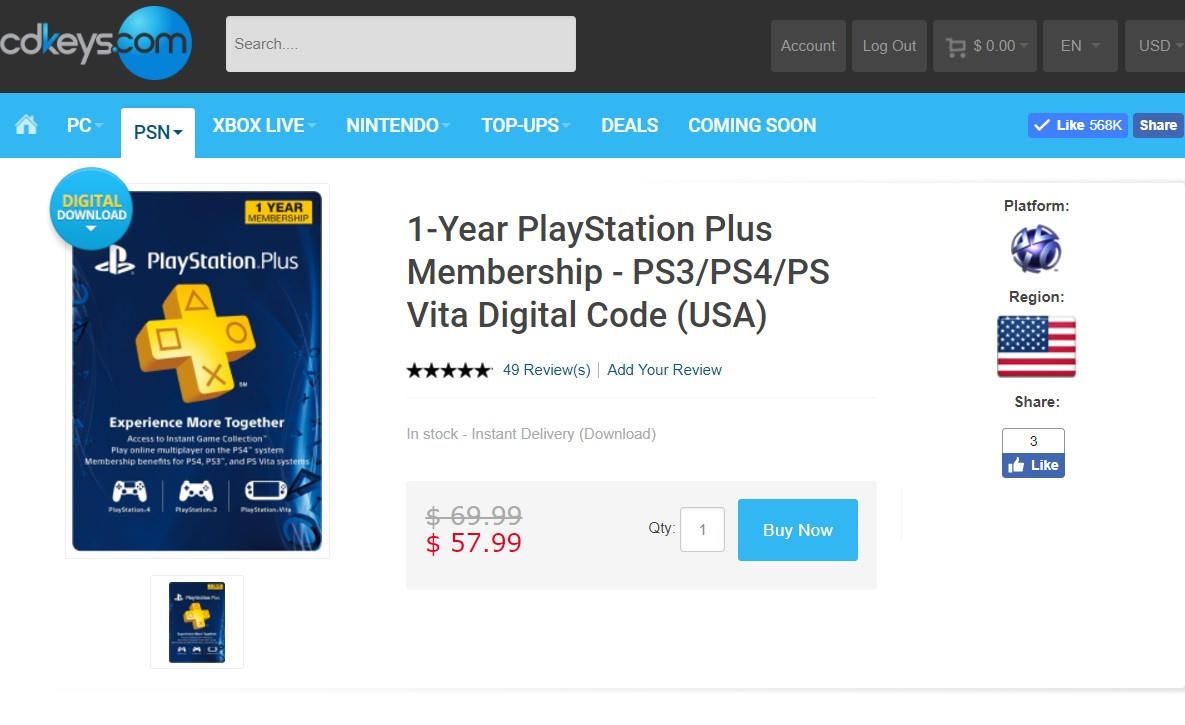 sitio web de compra de ps plus usa 1 año cdkeys