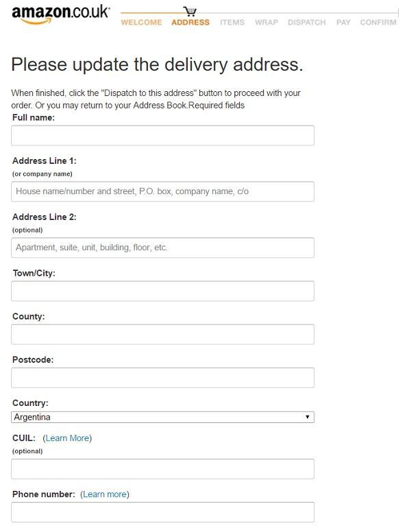 paso 4 es colocar tu dirección de destino en amazon