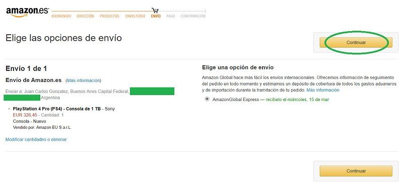 paso 5 es elegir envio de ps4 por amazonglobal en amazon