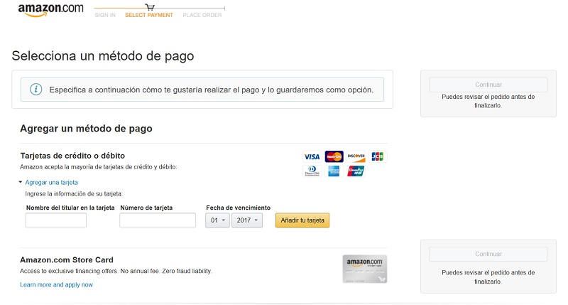 método de pago en amazon con visa mastercard y american express