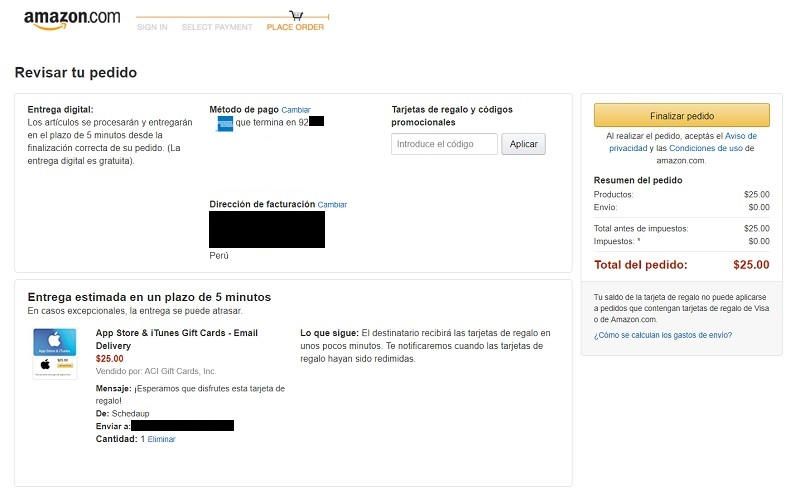 pedido compra itunes gift card en amazon