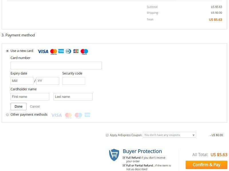 revisión y forma de pago con visa, mastercard, american express en aliexpress.