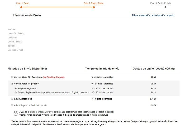 información de envío en gearbest desde perú,